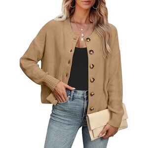 Women Knit Cardigan Sweater Open Front Button Long Sleeve Cropped Jacket